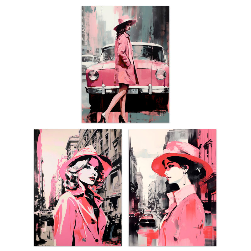 Pink Downtown Women City Winter Retro Fashion - 3 Piece No Frame Print Set, 29.7cm H x 21cm W x 0.4cm D