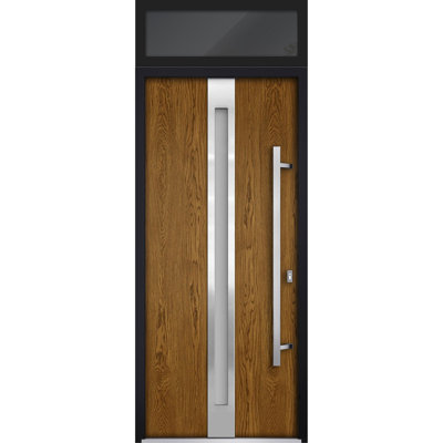 Front Exterior Prehung Steel Door / Deux 1744 Natural Oak / Top Exterior Black Window / Stainless Inserts Single Modern Painted-W36" x H80+16"-Left-hand Inswing