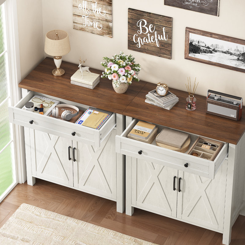 Buffet Farmhouse avec tablettes réglables, tiroir et portes de grange en X, White