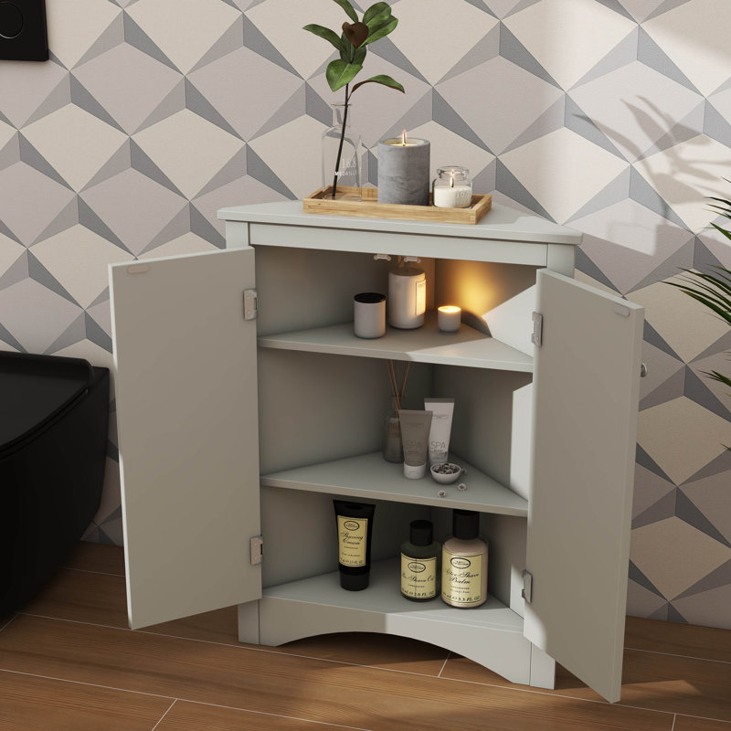 Freestanding Triangular Bathroom Storage Cabinet With Adjustable Shelves, Gray