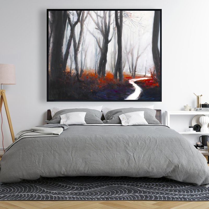 «Mysterious Forest with Stream» - Toile encadrée contemporaine grise