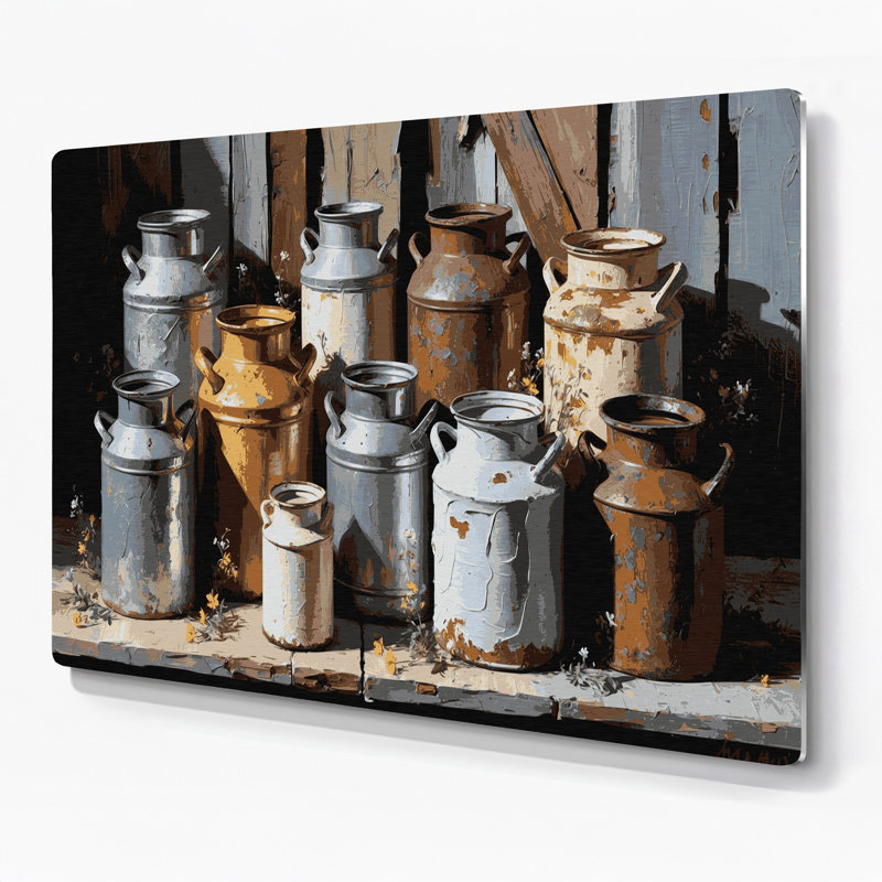 «Farm Milk Cans Brown», art mural en métal, H 11 po x l 14 po