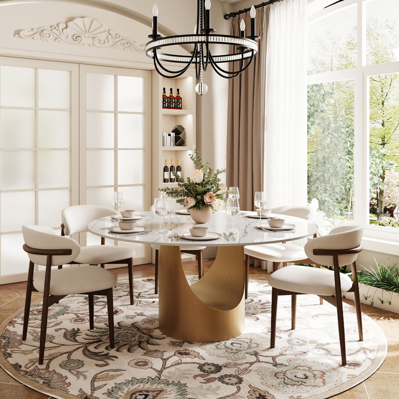 7PCS Modern Dining Table Set, 59" Round Dining Table with 6pcs Dining Chairs, White