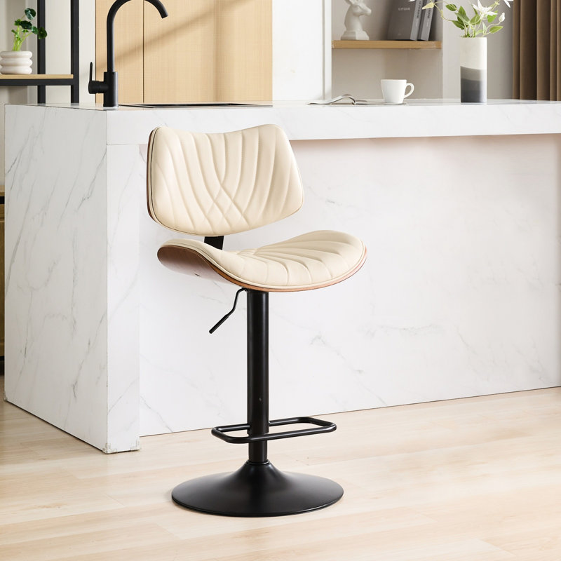 Adjustable Height Walnut Bar Stools, 360 Swivel, Black Leather Upholstered, Stable Base For Kitchen/Dining/Cafe, Beige Ergonomic & Upholstery, Height, Kitchen Island/Dining Room/Cafe, Mid Century