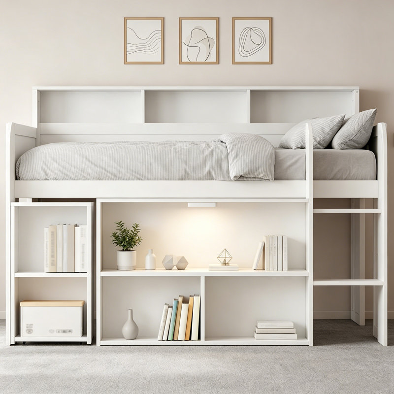Lit mezzanine double en bois blanc avec bureau intégré, plusieurs tablettes de rangement et éclairage DEL, White
