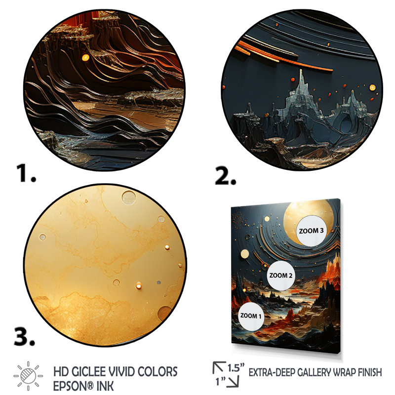 Céleste planète dorée dans un système solaire II - art mural de la planète espace, Cadre flottant noir