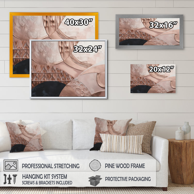 Demi-cercles roses et or Boho I - décoration murale abstraite, L 44 po x H 34 po, Cadre flottant doré