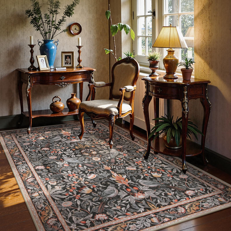  Vintage Bird Washable Area Rugs for Living Room Floral Soft Rug Low Pile Print Carpet, Rectangle 5' x 7'