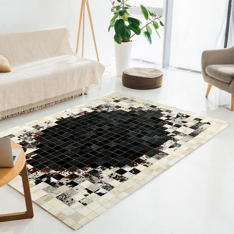 Black And Beige Cow Leather Gradient Design Patchwork Rug, Rectangle 4' x 6'