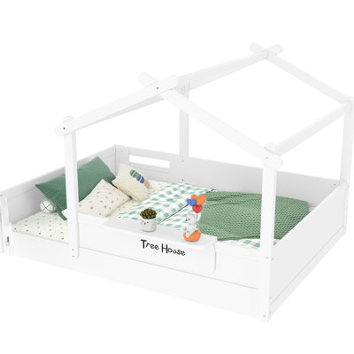 White Full Size House Bed With Full Guardrails, Built-In Tray And Sign, Ideal For Independent In Signboard, Sleep