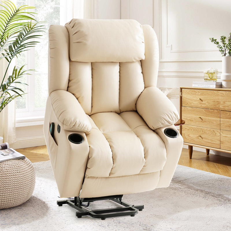 Power Lift Recliner Chair with Heat & Massage, Leather Recliners for Adult & Elderly, Cup Holder, Type-C Charge, for Living Room (Beige)