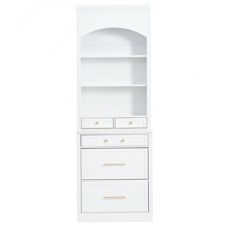 Garde-manger autoportant de 83,7 pouces de hauteur avec armoire et dessus en faux marbre, armoire de rangement avec 5 tiroirs de rangement et tablette réglable, blanc