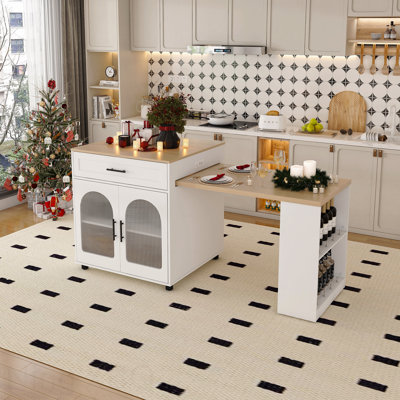 80-Inch Expandable Kitchen Island Dining Table Solid Wood Grain Countertop Power Outlet Mobile Storage Cart Cabinet 2 Drawers