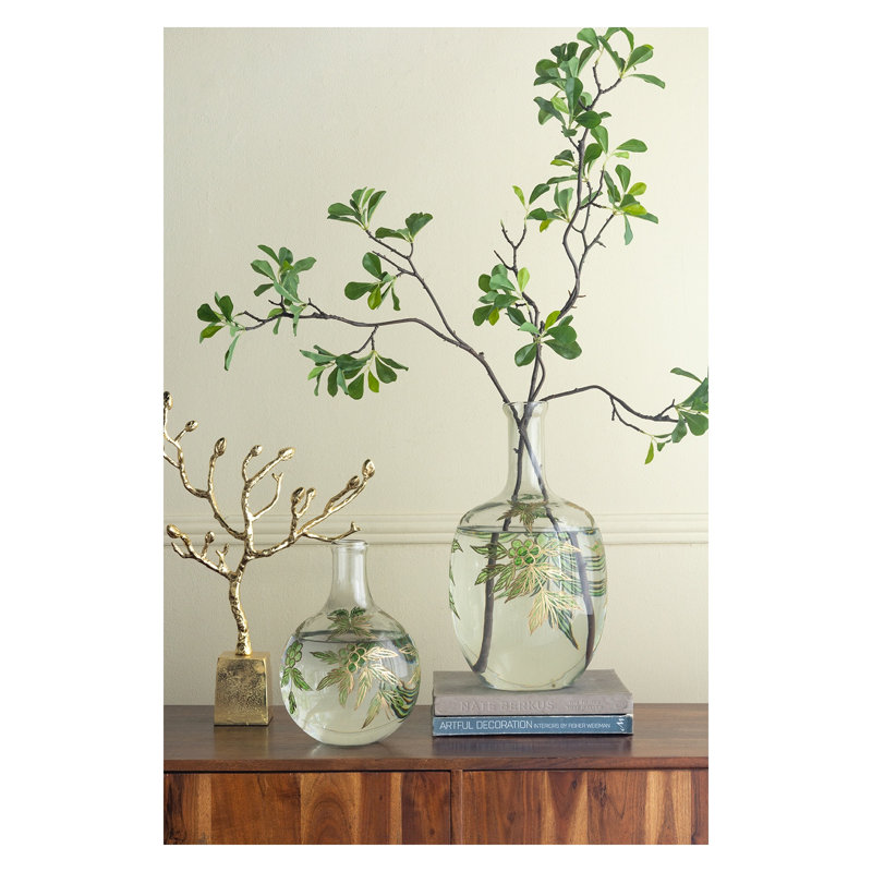 Vase arrondi en verre transparent avec col étroit et motif botanique vert et or, H 16,5 po