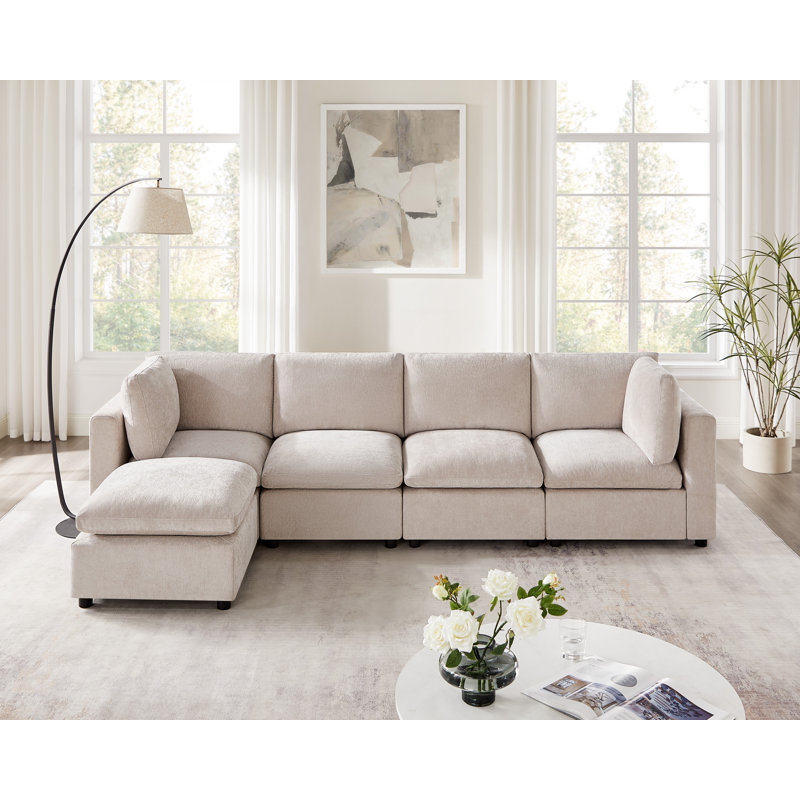5-Piece L-Shaped Upholstered Sectional, Modular Sofa, Natural Polyester Blend