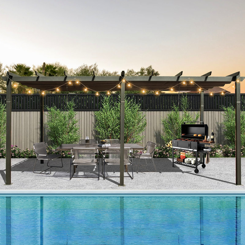 Pavillon de jardin d'extérieur 11 x 20 pi avec auvent. Cadre en aluminium, assemblage protégé, réglable et sans effort - Pergola gris foncé en aluminium. Matériau à décoloration. Pare-soleil réglable. Installation simple