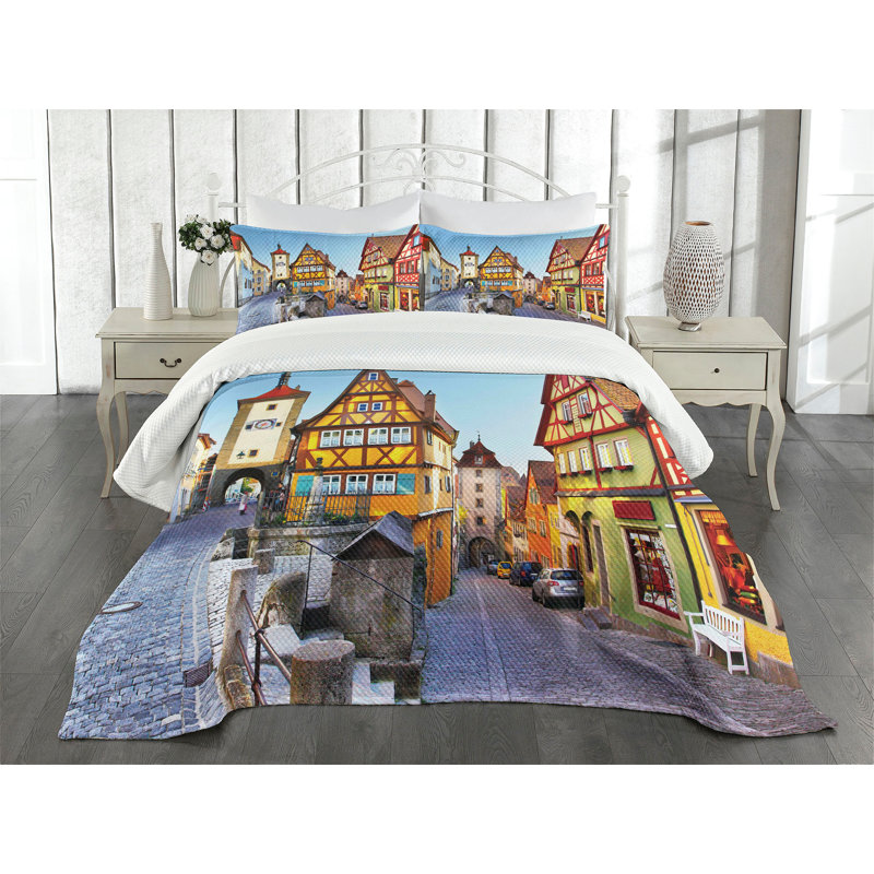 King Size White Quilted Bedspread Set with Colorful Street Design