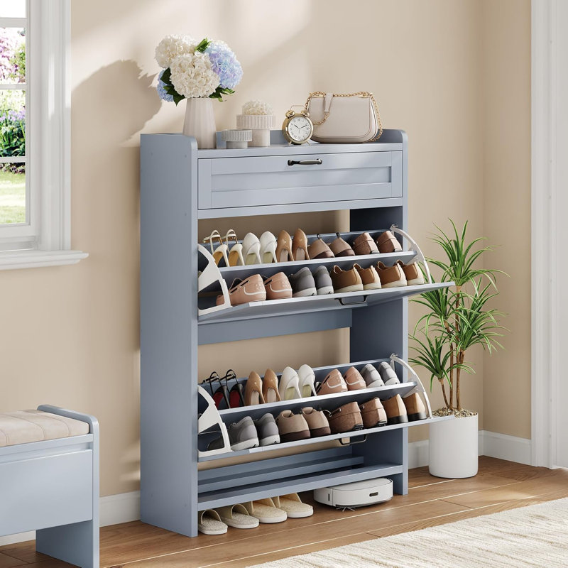 Shoe Cabinet with 2 Flip Drawers & 1 Top Drawer, High-Gloss Painted Wood Shoe Organizer with Adjustable Shelves, Freestanding Hidden Shoe Storage Cabinet for Entryway Hallway Living Room