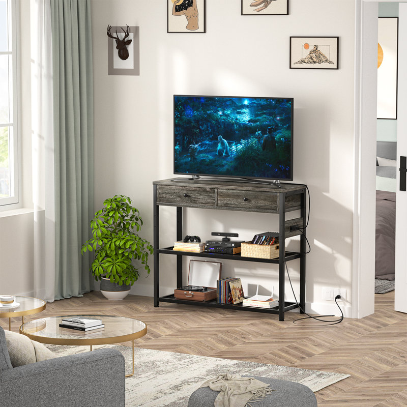Console 32 po en bois avec 2 tiroirs, prises et ports USB, Gris
