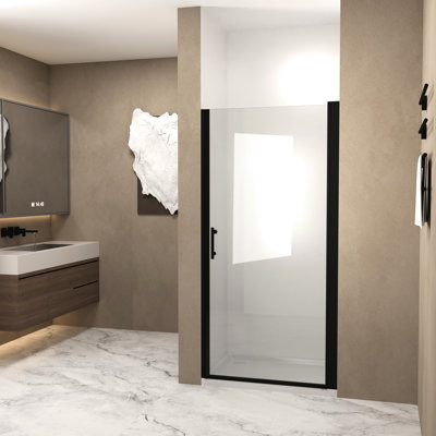 Porte de douche 36 po x 72 po avec fonction pivotante, cadre en aluminium noir mat, film de protection en verre trempé 1/4, bord imperméable, poignée élégante en acier inoxydable, porte à conception pivotante, couche résistante,