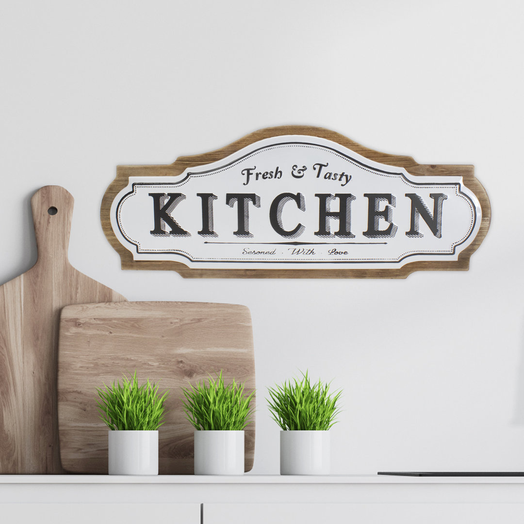 24" Black and White "Fresh & Tasty" Kitchen Metal Sign Wall Decor Trinx