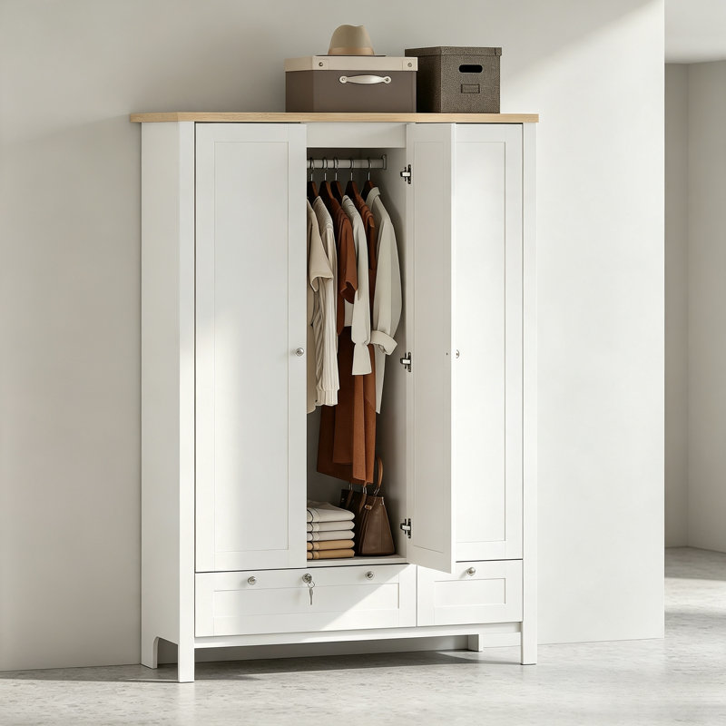 Armoire-penderie blanche à trois portes avec tiroirs verrouillables et tringle suspendue pour le rangement des vêtements de chambre à coucher
