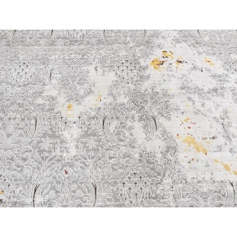 Tapis gris en laine et en soie noué à la main 8 pi 9 po x 11 pi 10 po F2CF19F7ED304A66AA5541A436BF030F