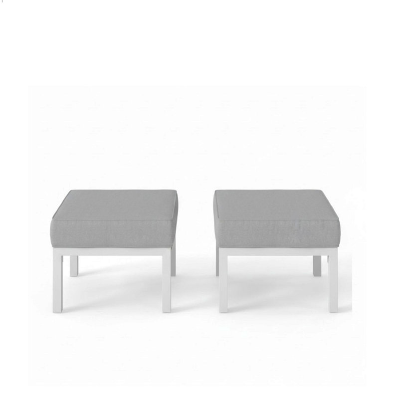 Set Of 2 24" Aluminum Patio Ottomans With Light Gray Cushions, All-Weather Footrests, White