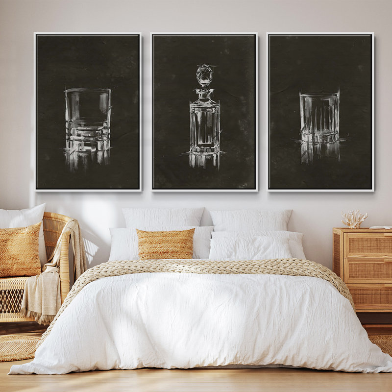 Ensemble de 3 pièces cristal Barware V encadré sur toile, Blanc, H 40 po x l 78 po