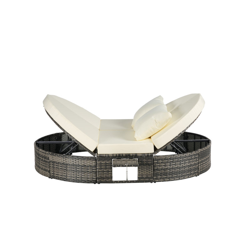 Outdoor Round Daybed with Adjustable Backrest and Canopy, Rattan and Metal Frame, Beige