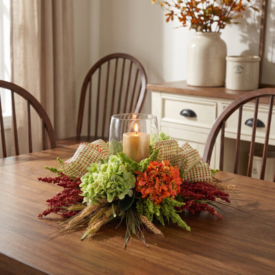 Fall Candleholder Centerpiece with Hydrangeas, Wheat and Pinecones