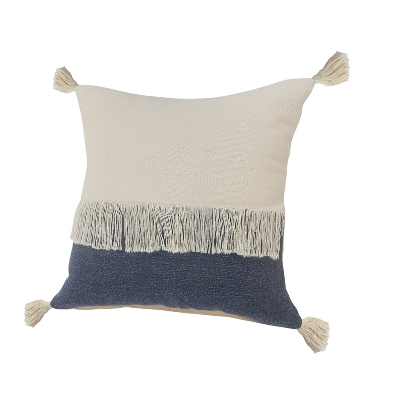 Housse de coussin décoratif contemporaine 100% coton à franges Color Block, Bleu denim / Blanc cassé, Polyester