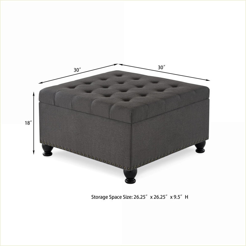 Ottoman 30x30 Charcoal Gray Storage Ottoman with Button Tufting, Nail Trim &amp; Wood Legs | Living Room Bedroom | Wood | Wood