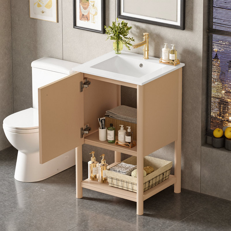 Meuble-lavabo de style français 20 po avec lavabo en céramique et armoire à fermeture douce blanc crème