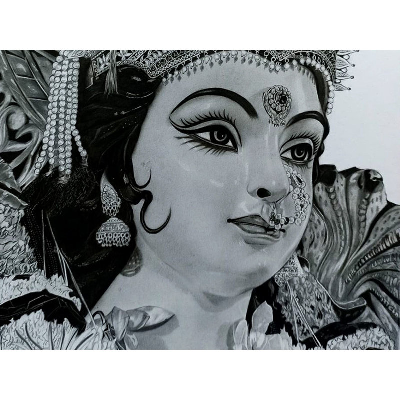 Maa Durga | Graphite et gris anthracite sur papier Bristol | Sandhya Pandit