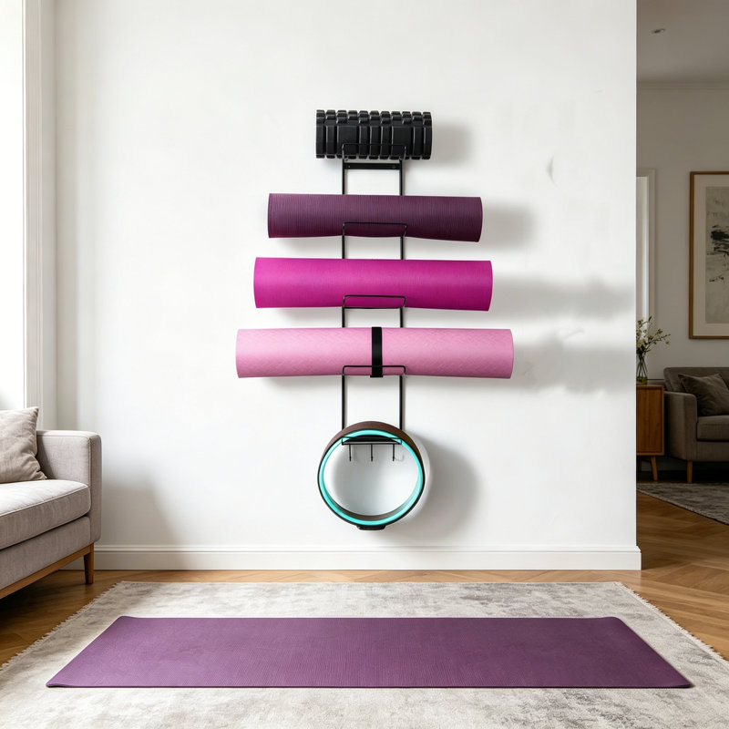 5-Tier Wall Mount Rack for Yoga Mats, Rollers & Blocks with 3 Hooks