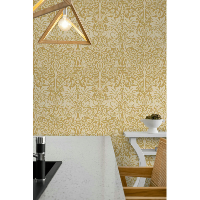 Papier peint damassé rétro floral doré et crème avec oiseaux, Non-Woven Non-Pasted