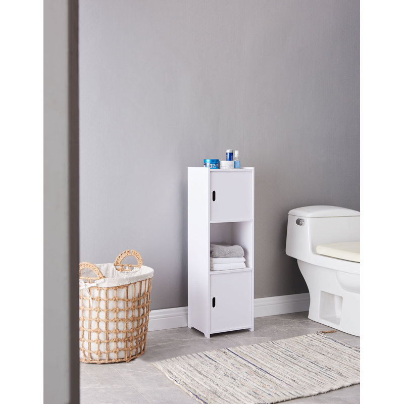 Bathroom Floor Storage Cabinet with Single Open Shelf and Double Door Enclosed Compartment for Holding Towels Toilet Paper and Cleaning Supplies in Compact Guest Bathrooms with Simple White Freestanding Design