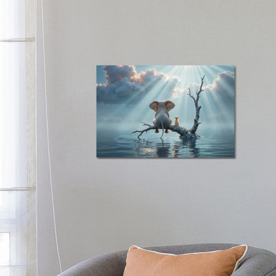 Elephant And Dog Sit On A Tree Escaping From The Flood by Mike Kiev - Wrapped Canvas Gallery-Wrapped Canvas Giclée