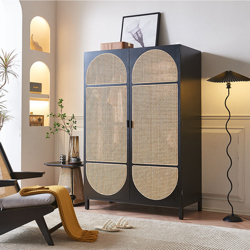 Armoire de rangement à double porte en frêne et rotin