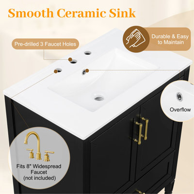 Meuble-lavabo cannelé élégant de 30 po avec lavabo en céramique, boîte simple, pieds en bois massif, portes et tiroir à fermeture en douceur, tablette de porte