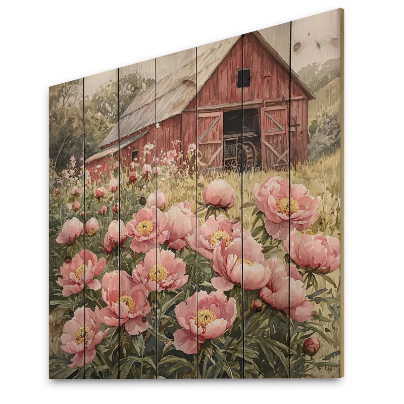 Pivoines par le tracteur Shed II - Décoration murale en bois de pivoines - sur bois de pin naturel