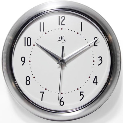 Infinity Instruments LTD. Retro 9 Inch Silent Sweep Non-Ticking Mid Century Modern Kitchen Diner Wall Clock Quartz Movement Retro Wall Clock Decorative (Silver)…