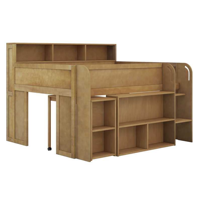 Lit mezzanine double avec bureau et cadre de lit mezzanine en bois avec DEL et plusieurs tablettes de rangement, Noyer