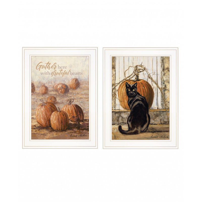 Ensemble de deux citrouilles avec un chat noir, impression murale
