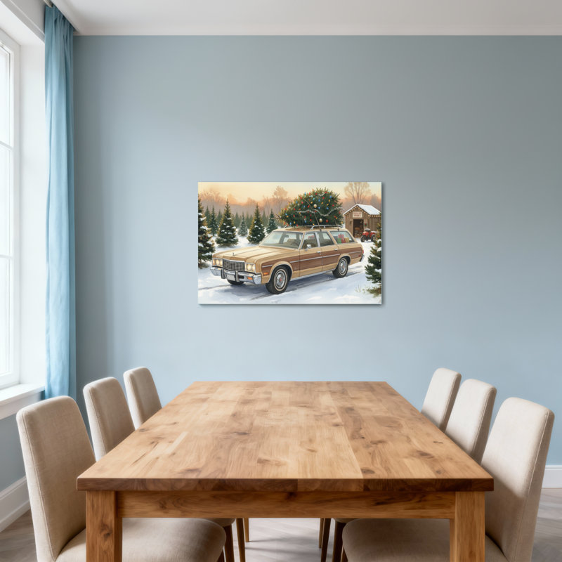 Scène d'hiver de Noël arbre de Noël voiture rétro, H 16 po x l 24 po