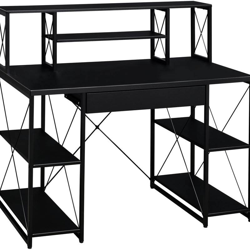 Bureau noir avec tablettes ouvertes, idéal pour le bureau - Grand espace de rangement avec 1 tiroir et 8 compartiments. Structure robuste en bois et en métal, avec passe-câbles intégré et design élégant.