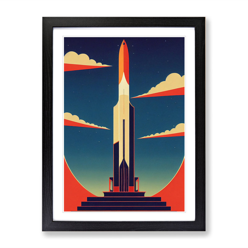 XV1022-4002X Spaceship Rocket Art Deco No.2 - Single Picture Frame Print, 64cm H x 46cm W x 2cm D, Black