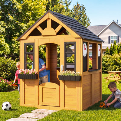 Outdoor Wooden Playhouse for Kids with Play Kitchen, Chalkboards, Doorbell & Planters, Gable Roof Cottage