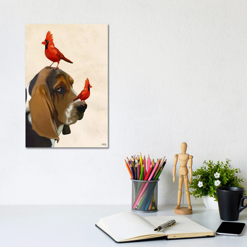 Basset Hound & Birds by Fab Funky - Wrapped Canvas Painting, 20.32 cm H x 30.48 cm W